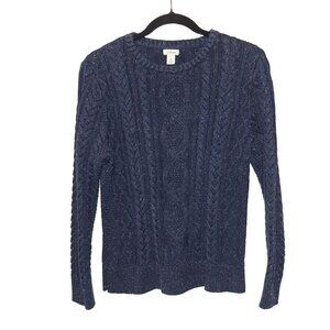 L.L. Bean Womens Petite Medium Navy Cable Knit Sweater Organic Cotton Blend Made